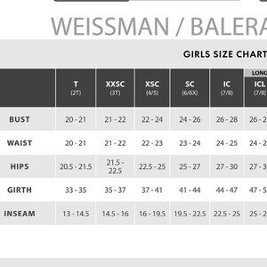 WEISSMAN SIZE CHART FOR GIRLS- NOT FOR SALE